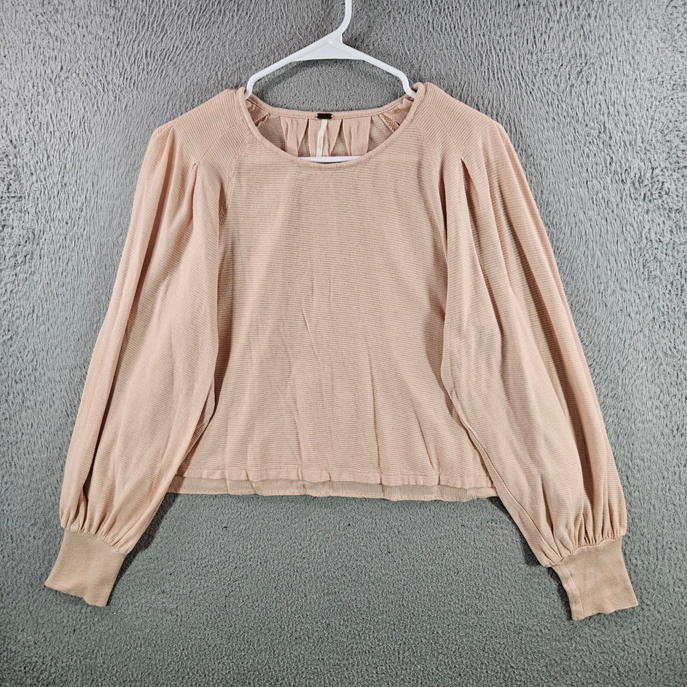 Free People Womens Peach Ribbed‎ Pleated Puff Sleeve Top Small